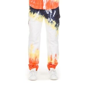 NWT Hustle Gang 36 Grime Blue White Orange Tie Dye Ombre Cargo Pants 125958